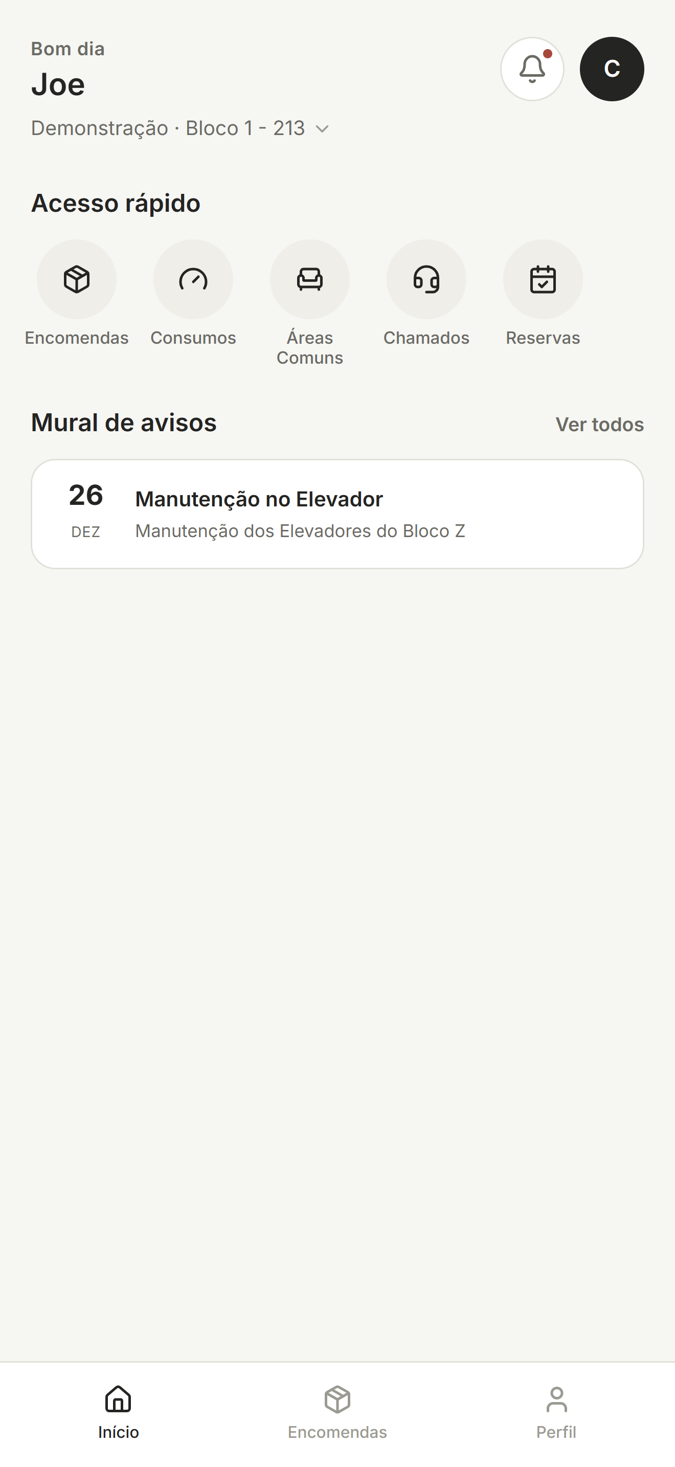 Tela inicial do app MeuCondo para moradores